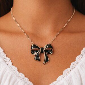 Vintage Bow Necklace Black Gold Fall Whimsy Coquette Art Deco Cocktail Jewelry